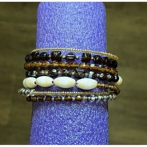 Bohemian Style Ivory, Browns & Tan Beaded Memory Wire‎ Wrap Bracelet